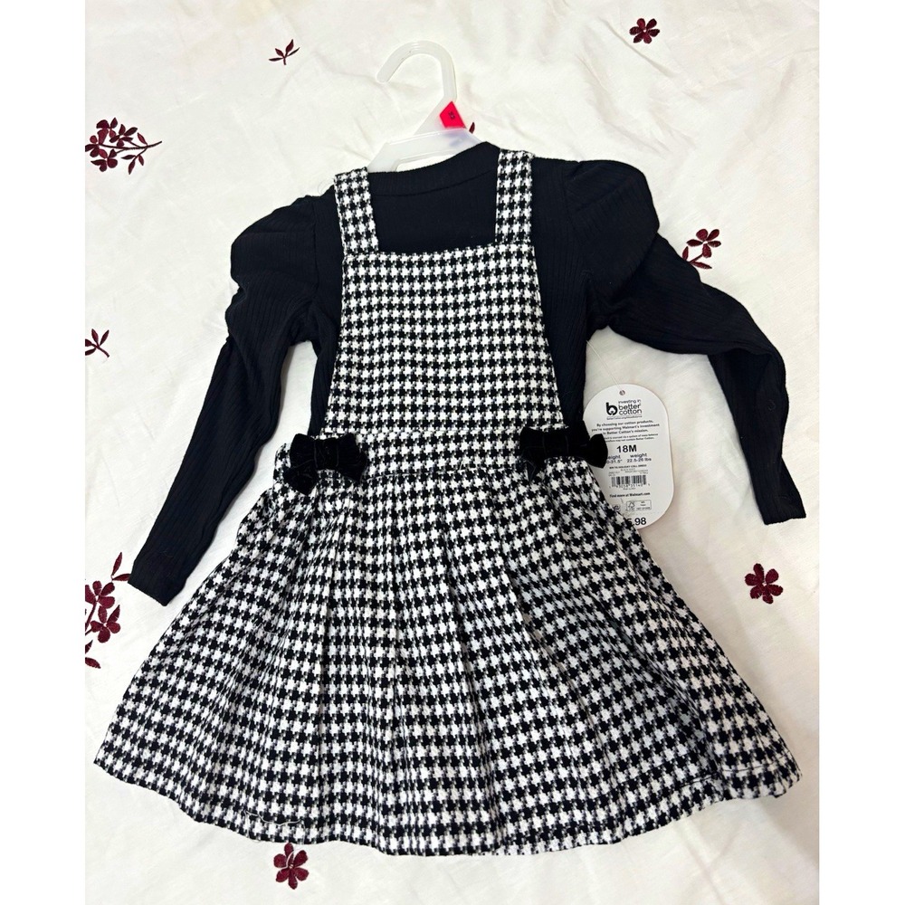 Wonder Nation Girls 18M 2-Piece Ribbed Top Houndstooth Dress Set Black White